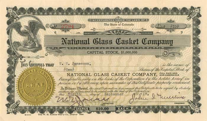 National Glass Casket Co. - Stock Certificate